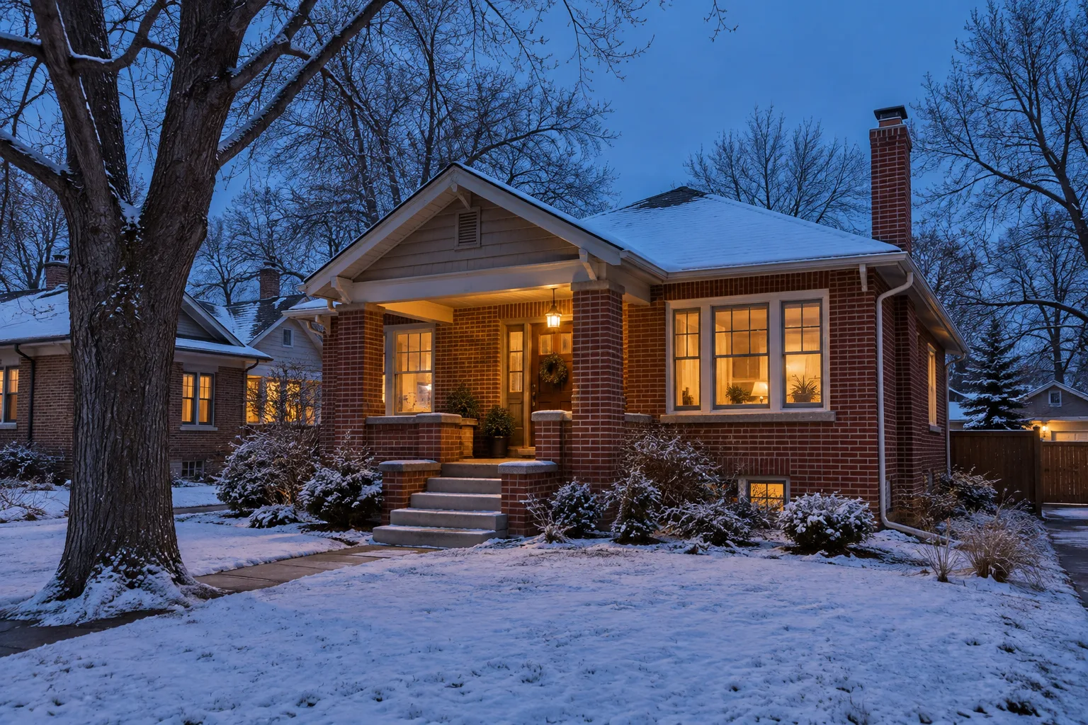 Illustrative brick bungalow with warmly lit windows on a snowy winter evening