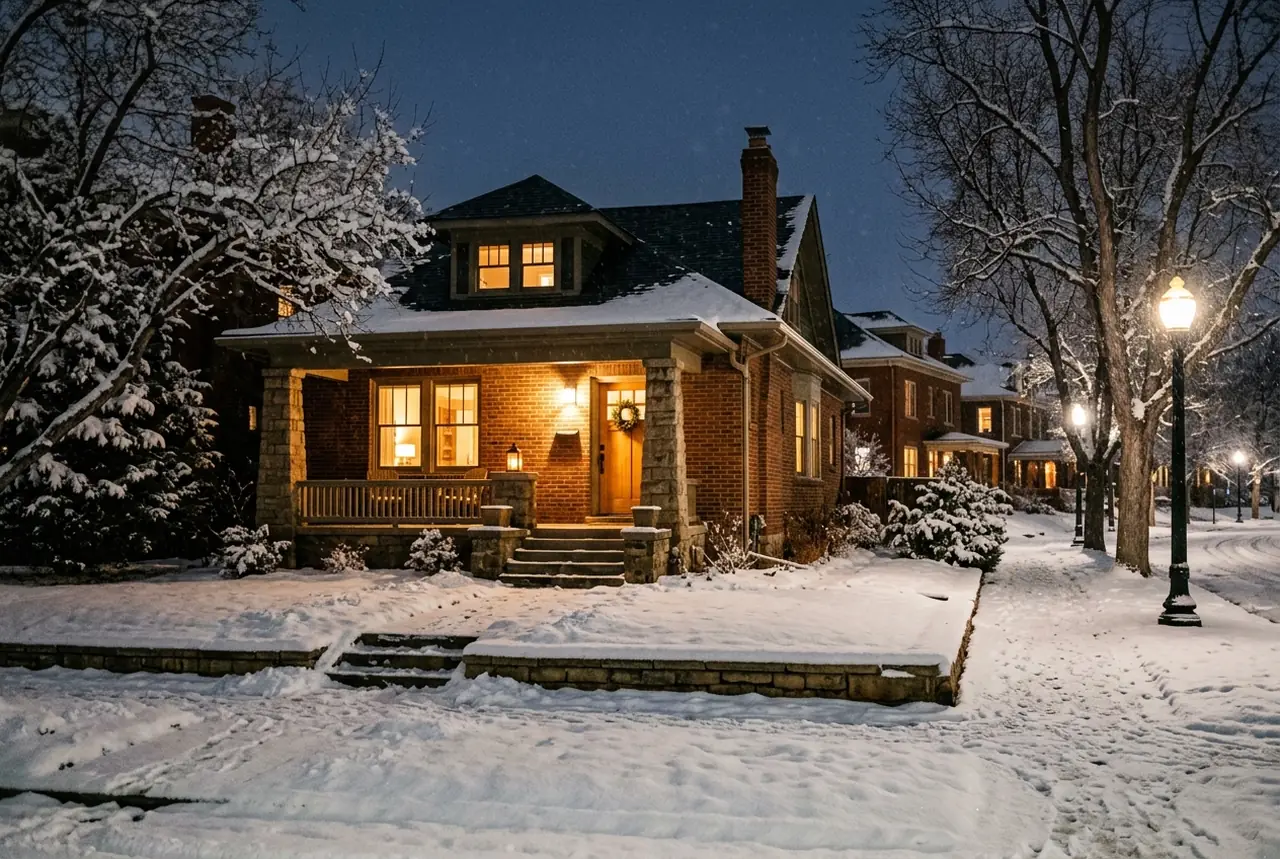 Historic brick bungalow on a snowy winter evening with warm light in the windows