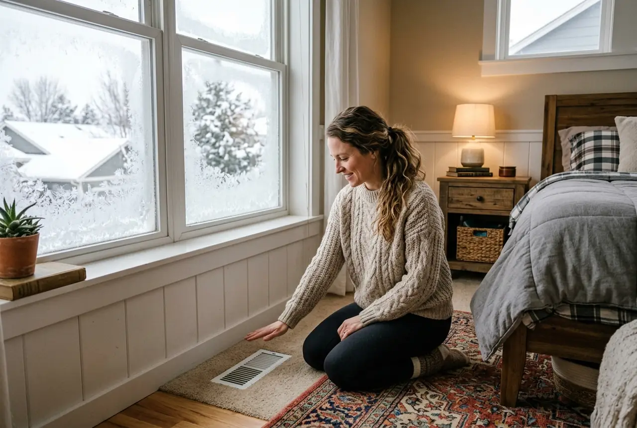 Homeowner kneeling to check airflow at a floor register in a cool upstairs bedroom