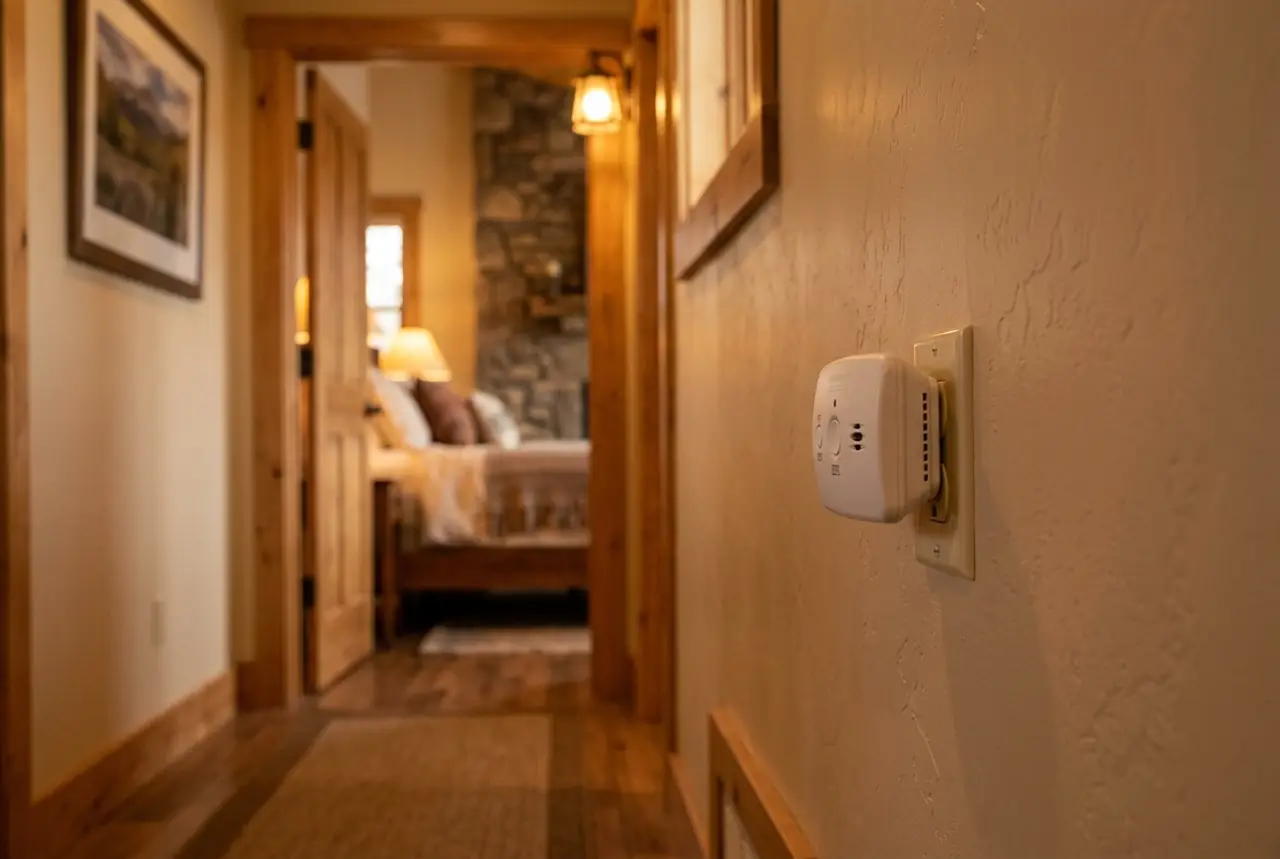 Plug-in carbon monoxide alarm on a hallway wall outside a bedroom