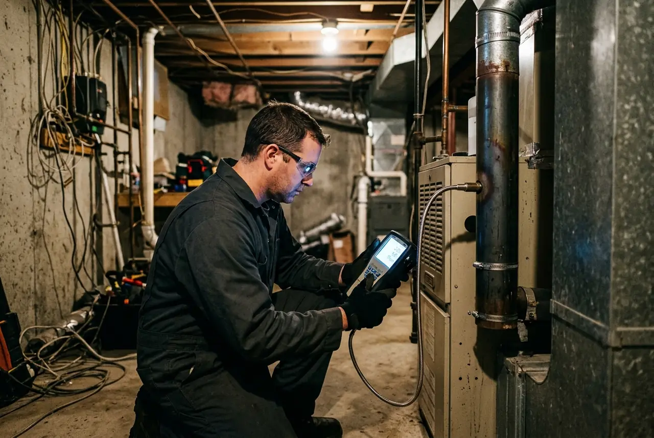 Technician using a handheld combustion analyzer probe in a furnace flue pipe
