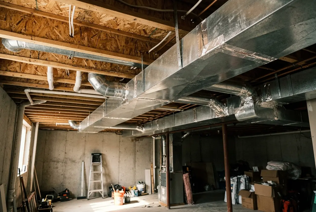 Exposed galvanized ductwork and sealed trunk lines along an unfinished basement ceiling