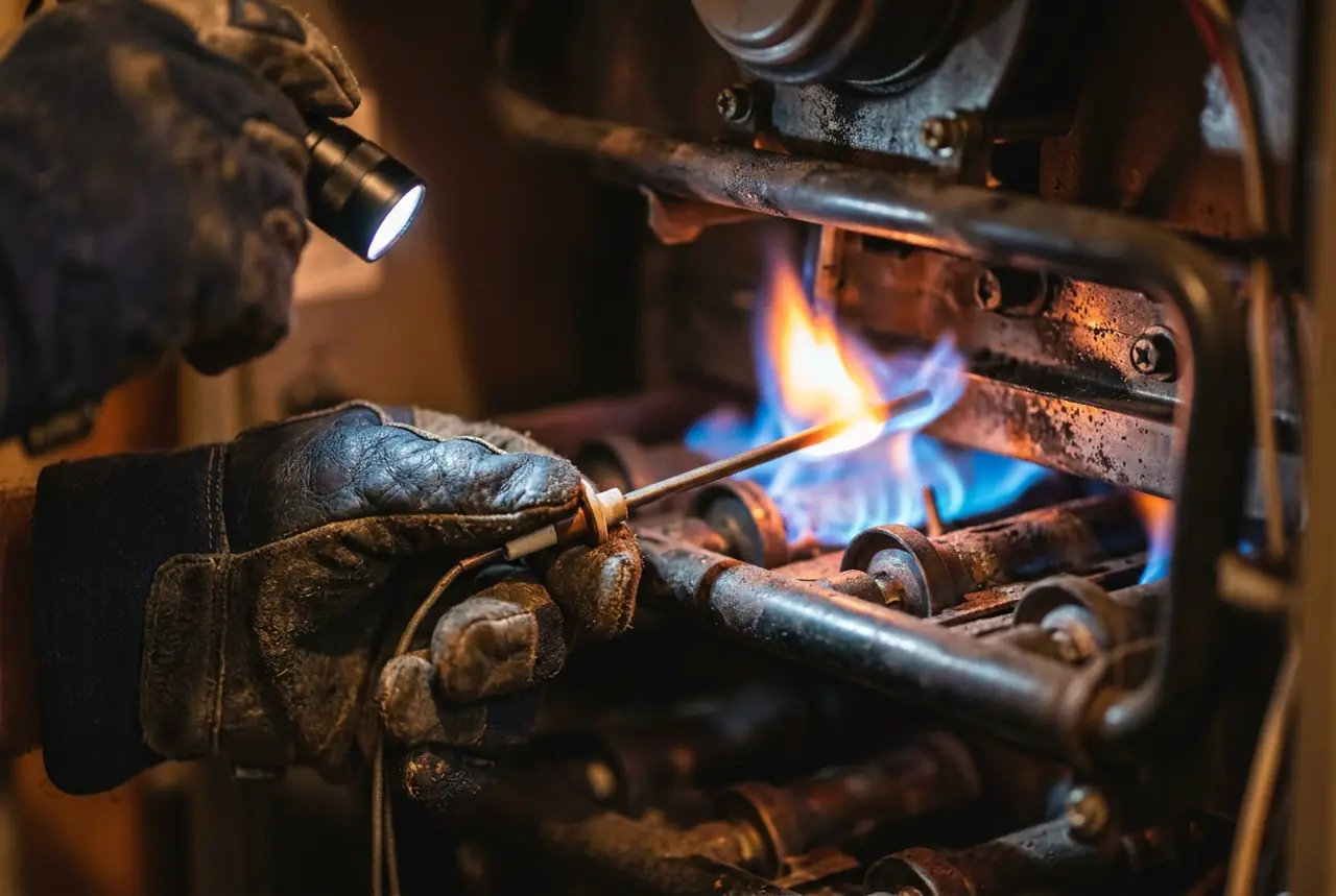 Technician's gloved hand holding a furnace flame sensor near the burner assembly under flashlight