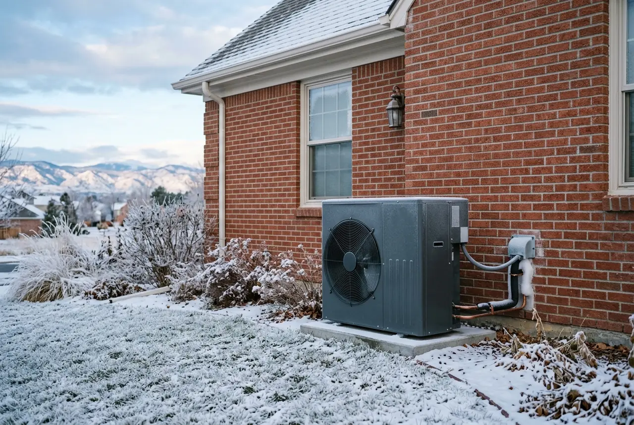 Cold-climate heat pump outdoor unit beside a brick home with light snow on the ground