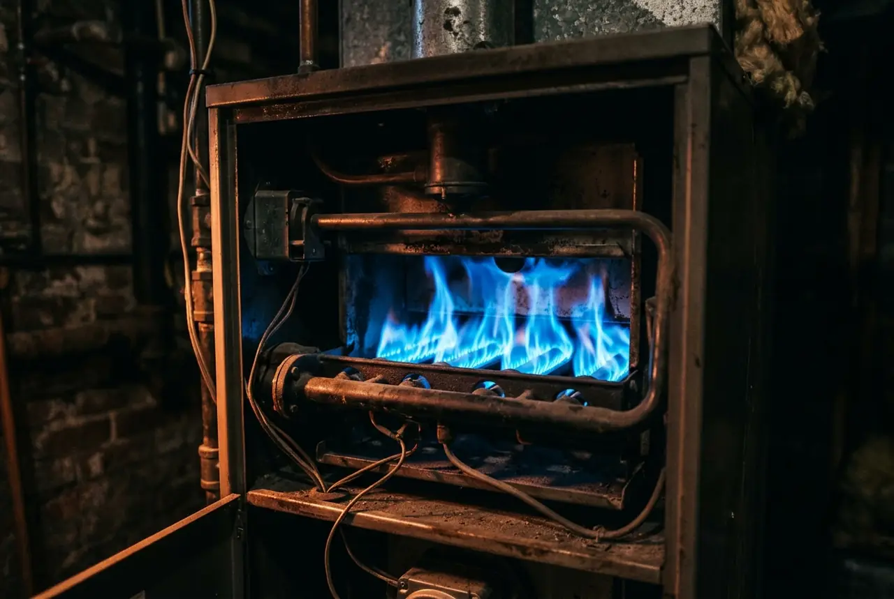 Blue gas burner flames glowing inside an open residential furnace cabinet in a dark basement