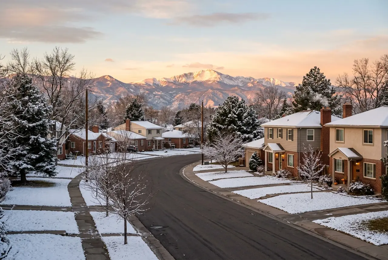 Suburban residential street in winter with the Front Range mountains on the horizon