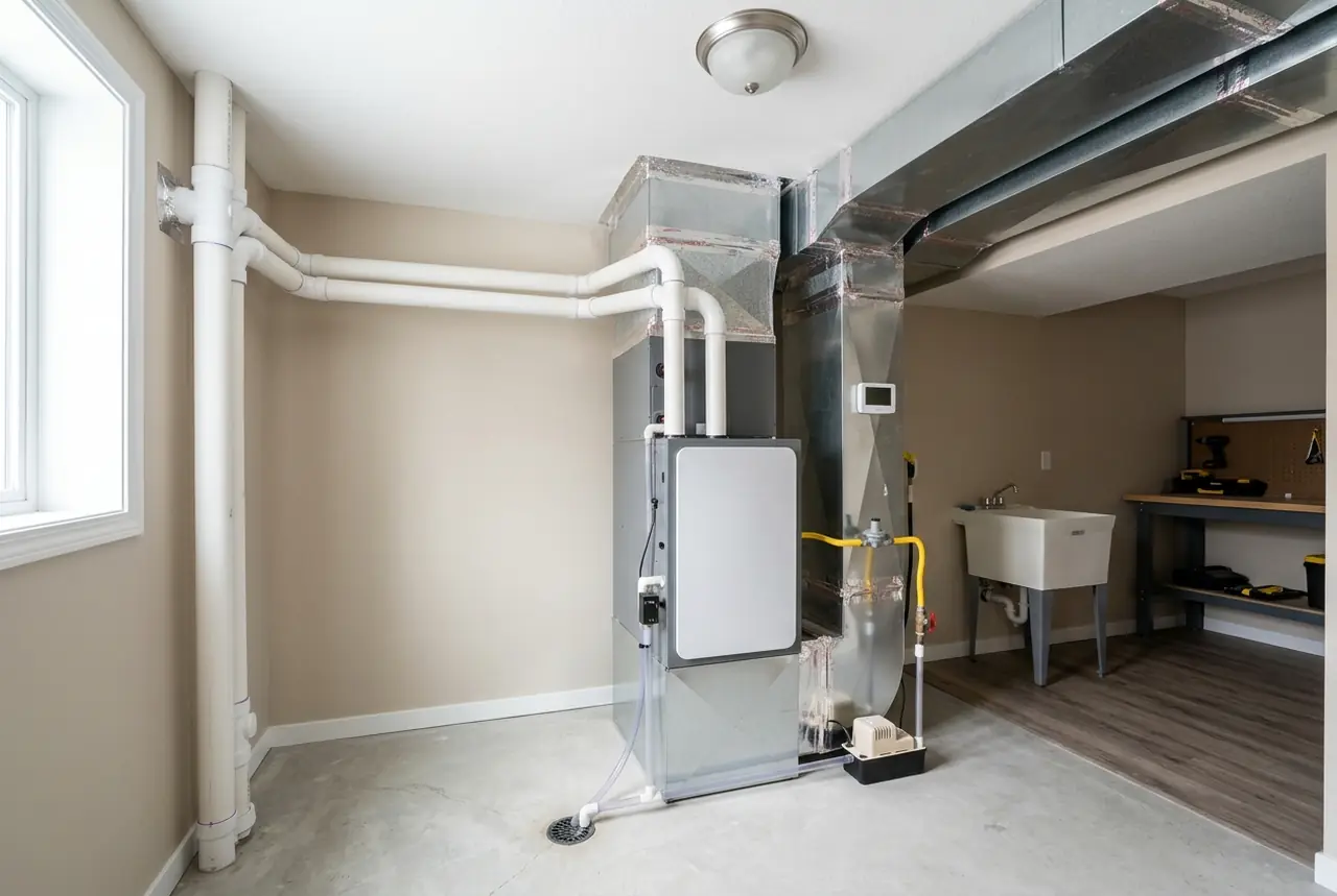 Newly installed high-efficiency condensing furnace with white PVC vent pipes in a tidy utility room