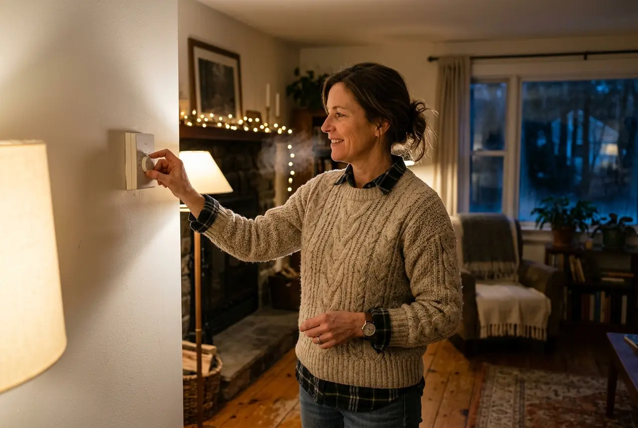 Homeowner in a wool sweater adjusting a wall thermostat in a cold living room at night