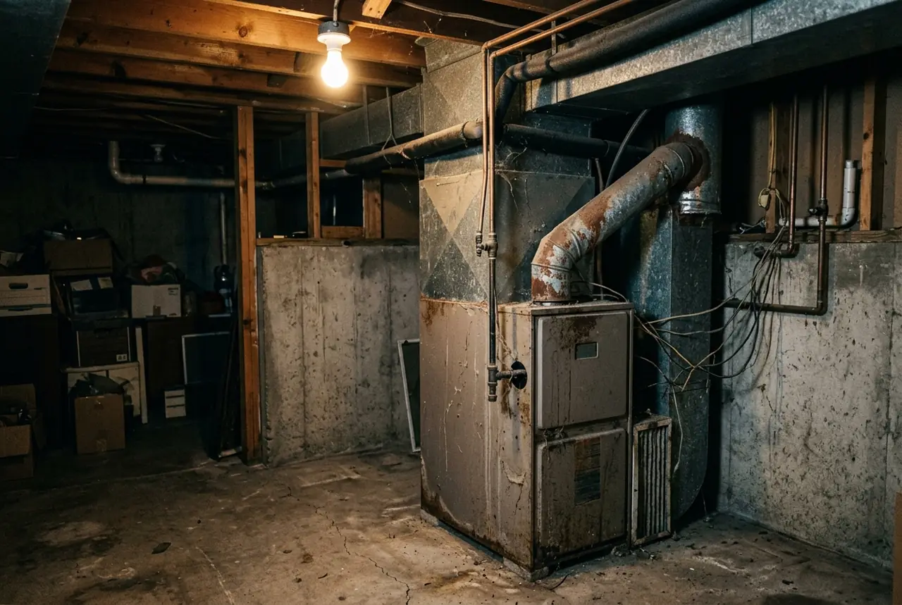 Aging standard-efficiency gas furnace with a rusted flue pipe in an unfinished basement