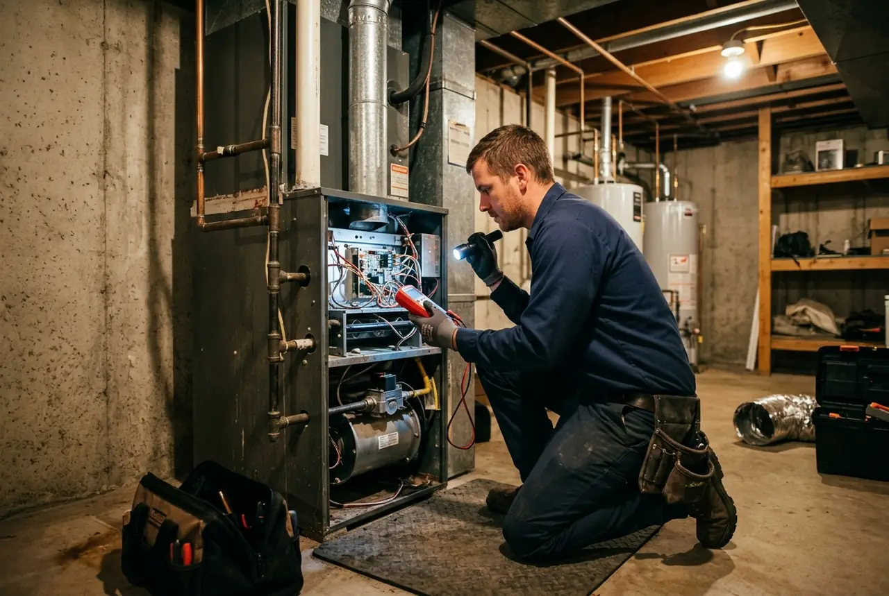 Technician kneeling at an open gas furnace testing the control board with a multimeter