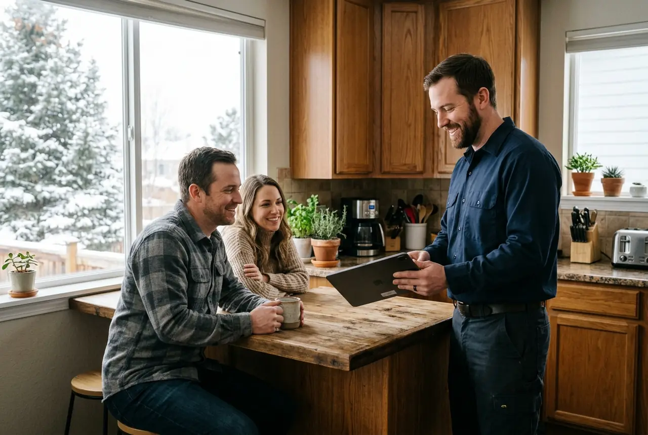 Technician reviewing options on a tablet with a homeowner couple at a kitchen counter